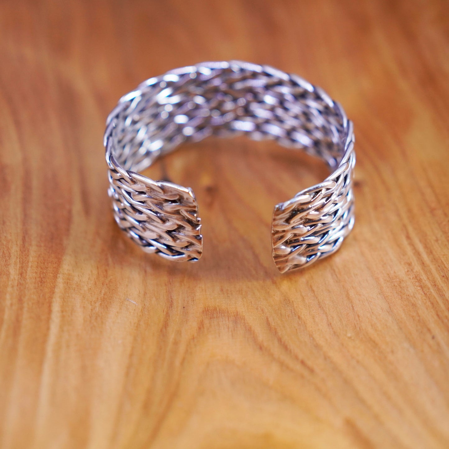 6”, vtg Sterling silver handmade bracelet, wide 925 braided woven cable cuff