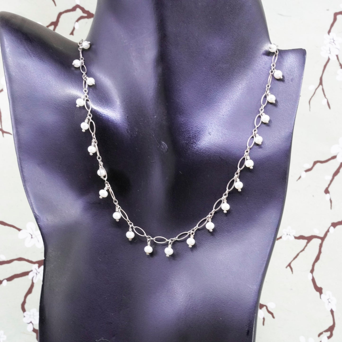 15”, cluster freshwater pearl with sterling 925 silver marquise chain necklace