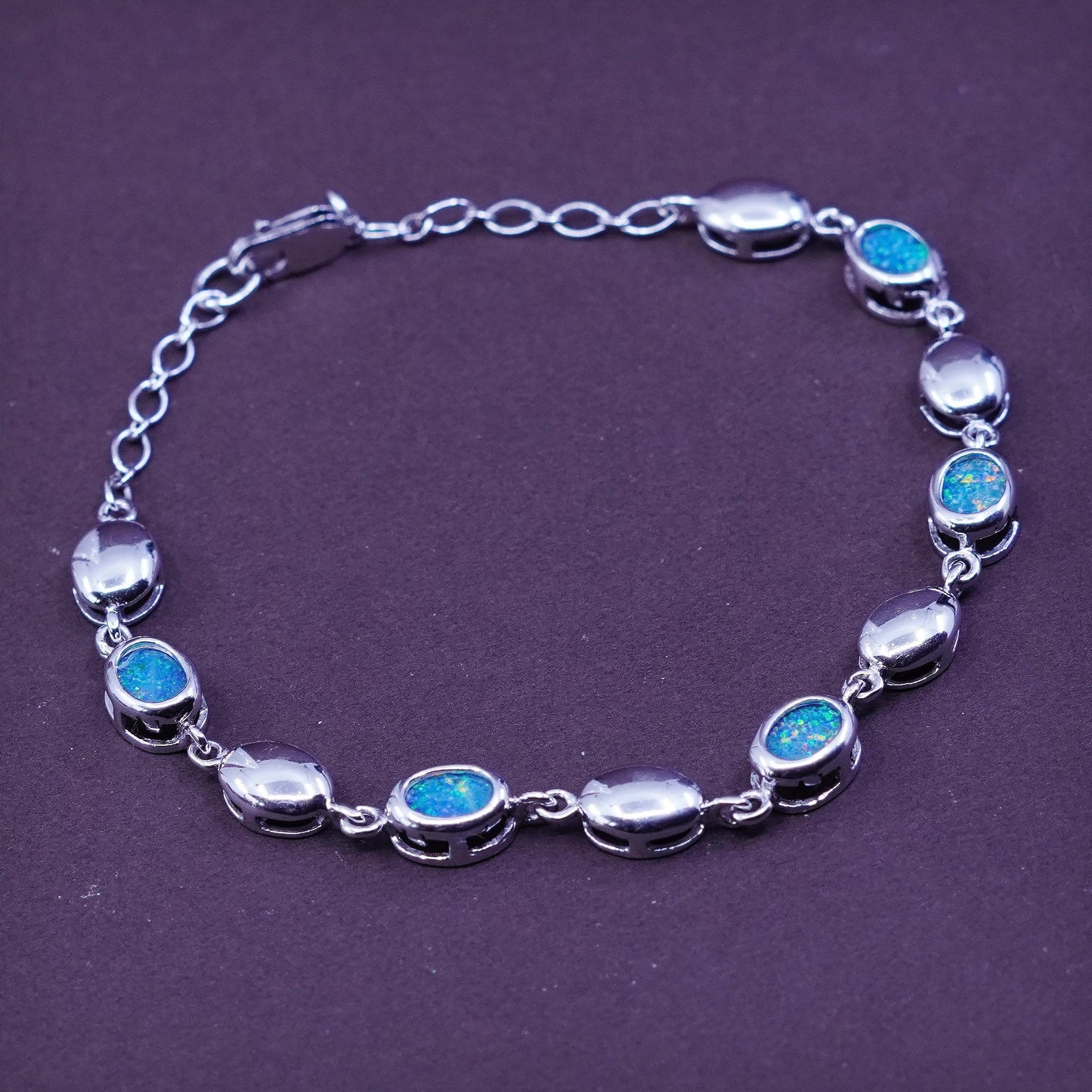 7”, vintage Sterling silver handmade tennis bracelet, 925 chain with opal