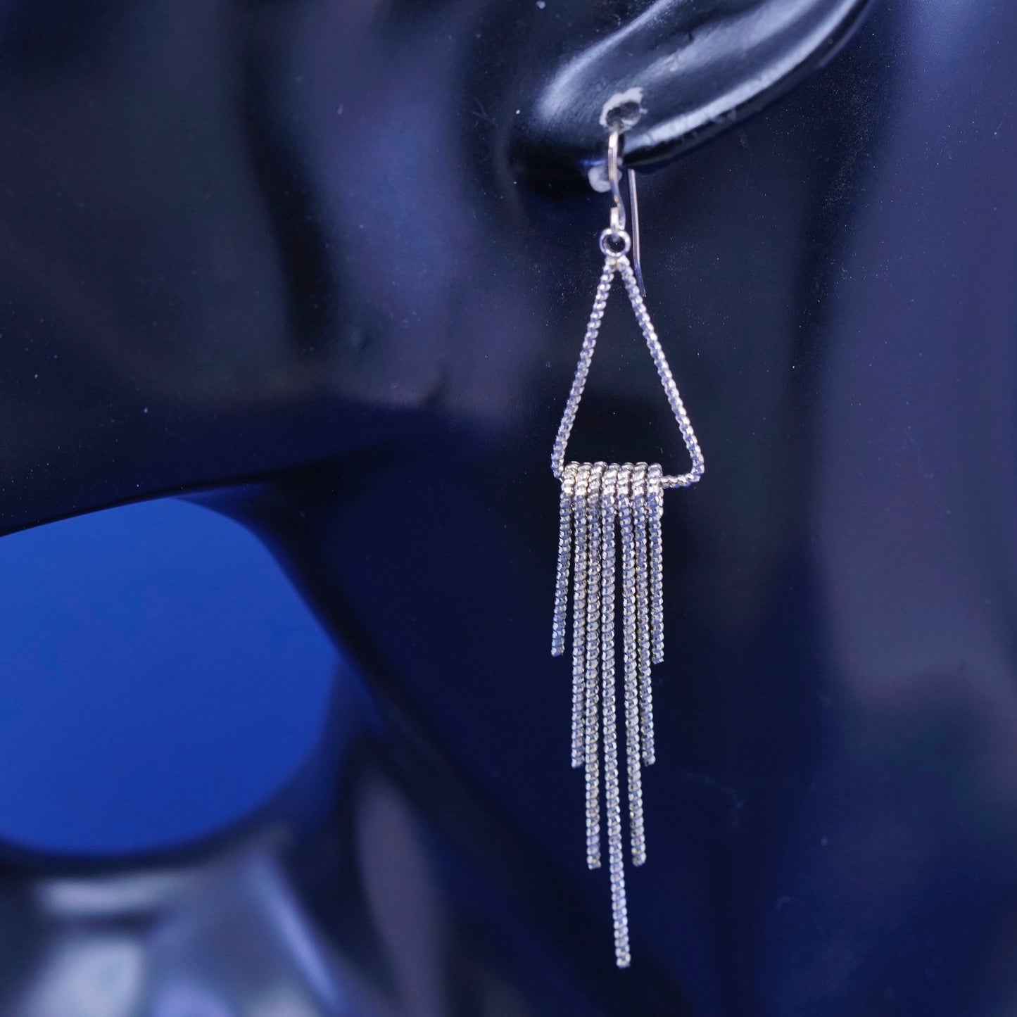 vtg Mexico Sterling silver handmade earrings, 925 textured triangular w/ fringe