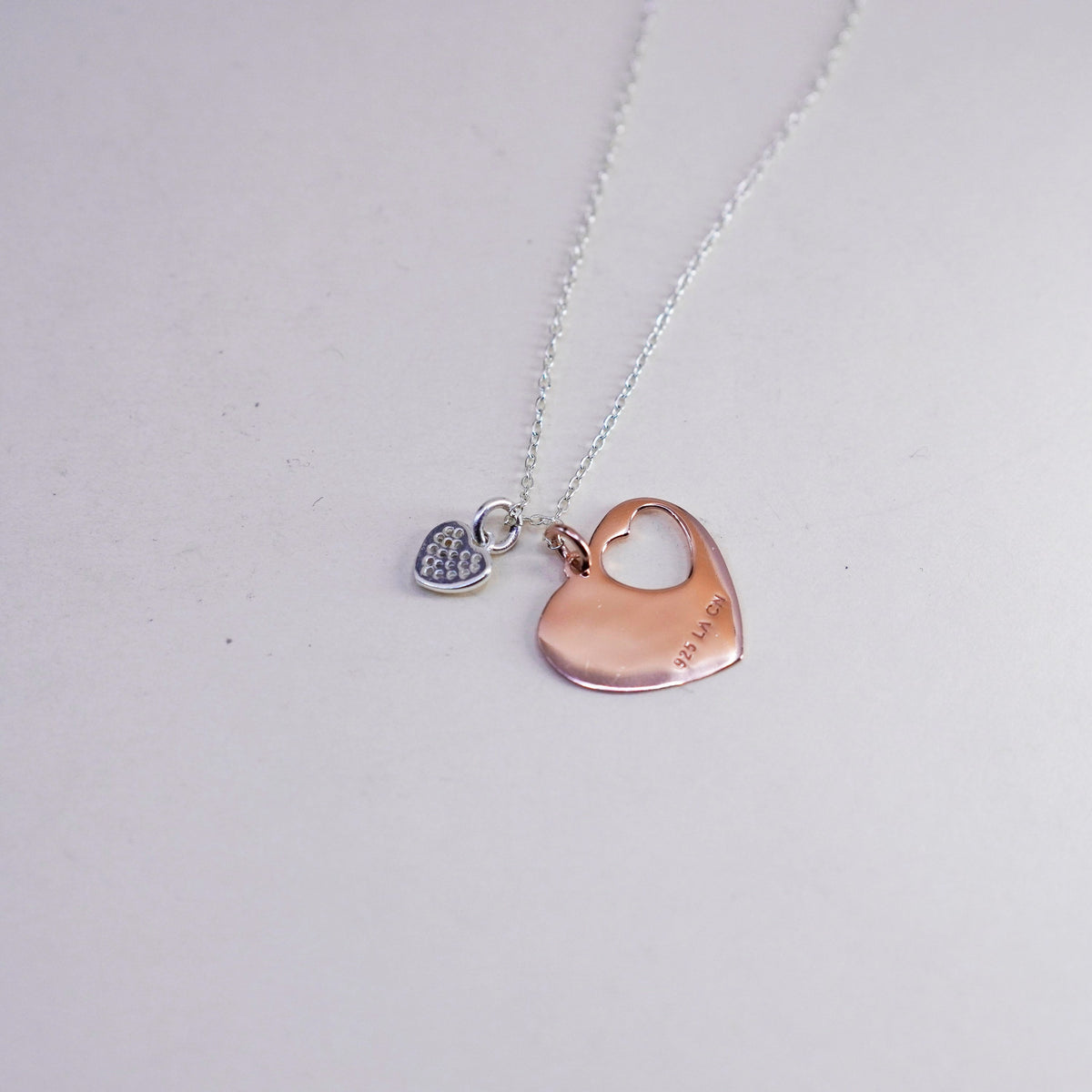 18”, Sterling silver necklace, 925 circle rose gold pendant two hearts one love