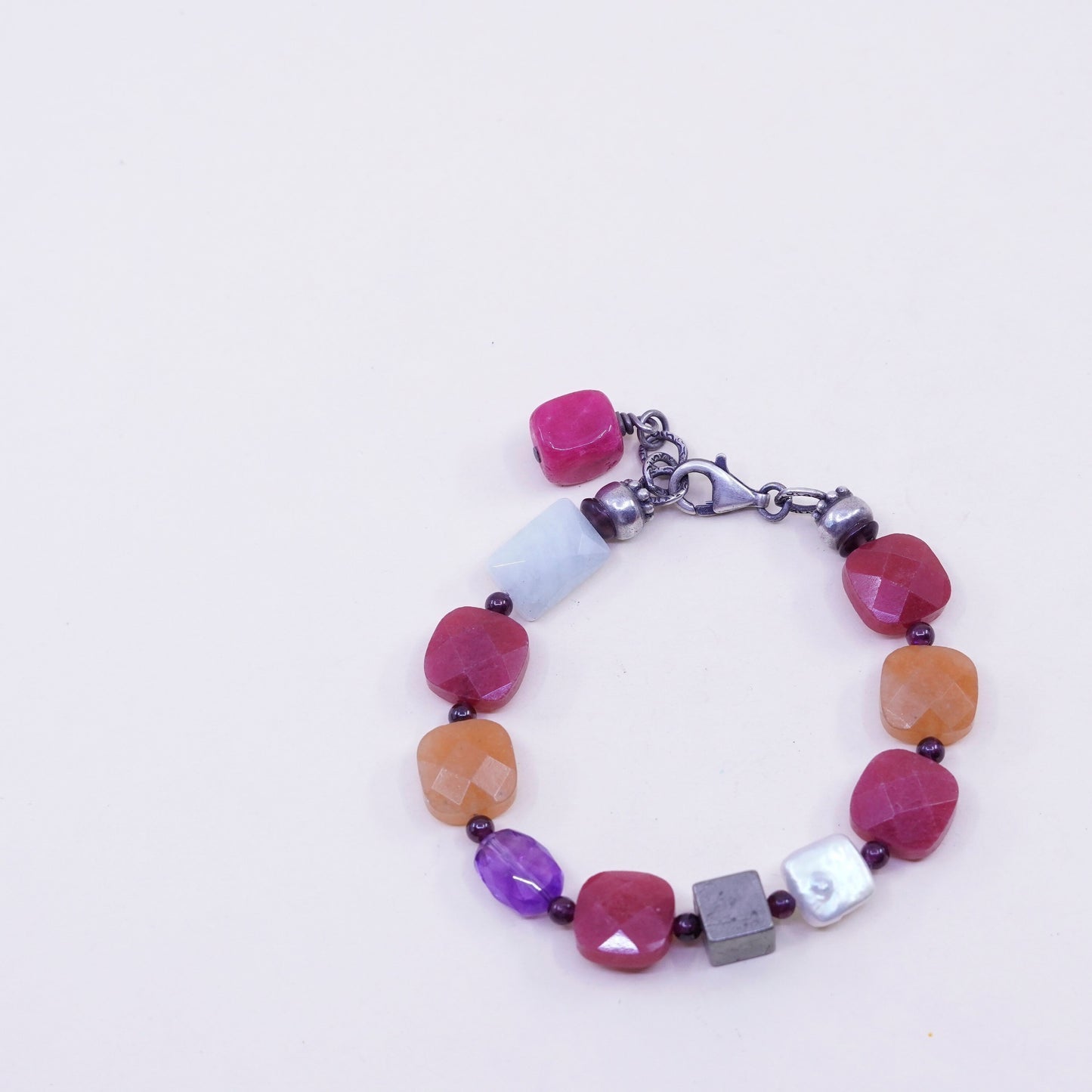 6.75”, 925 Sterling silver handmade bracelet with sea washed glass nugget