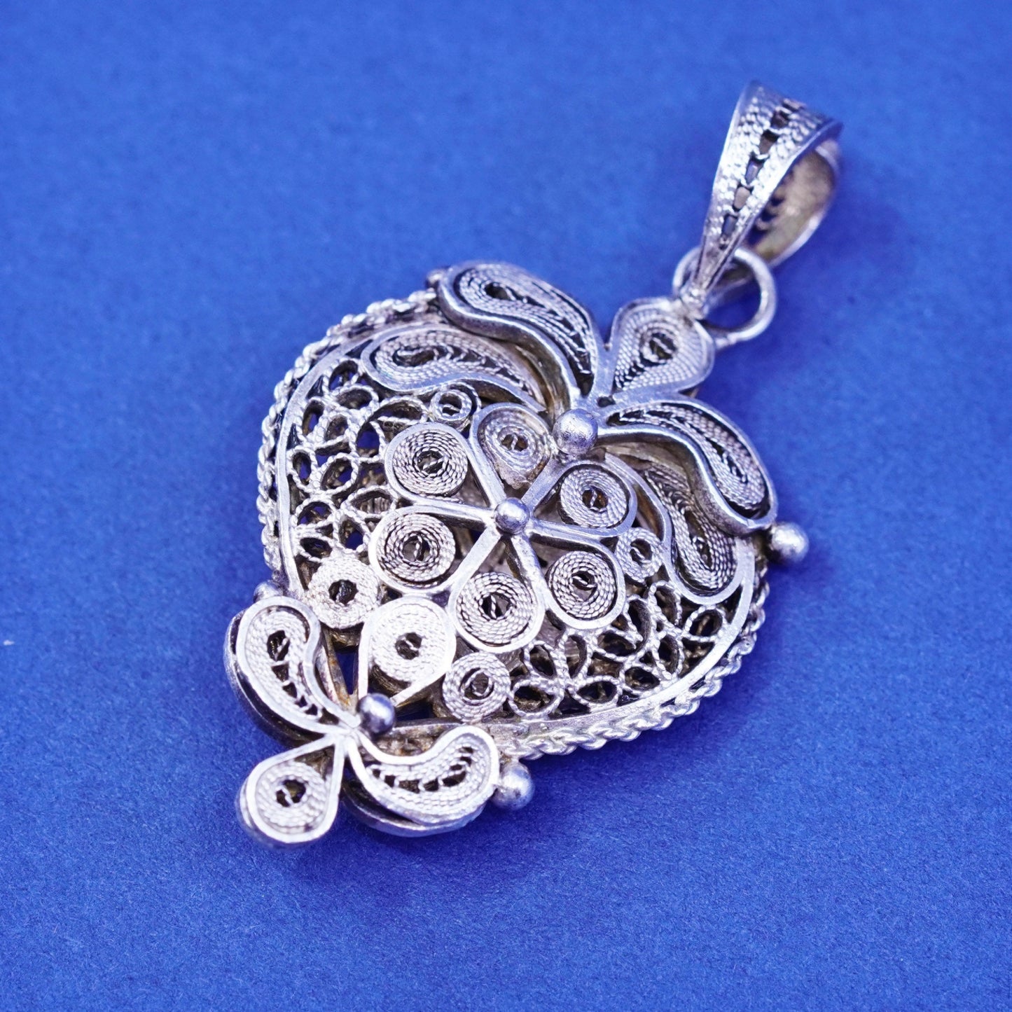 Vintage Sterling silver handmade pendant, puffy 925 filigree heart