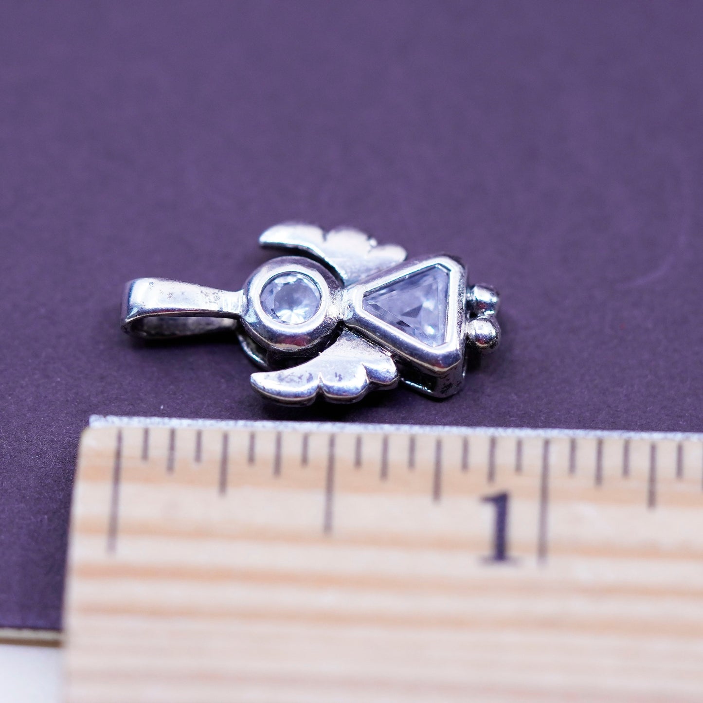 Vintage Sterling silver handmade pendant, 925 angel charm with cz