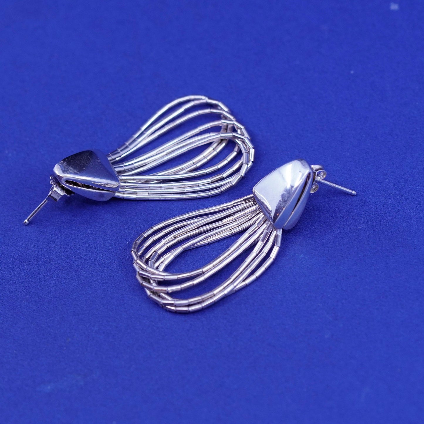 Vintage Shube sterling swirly relief earrings, 925 liquid silver fringe dangles