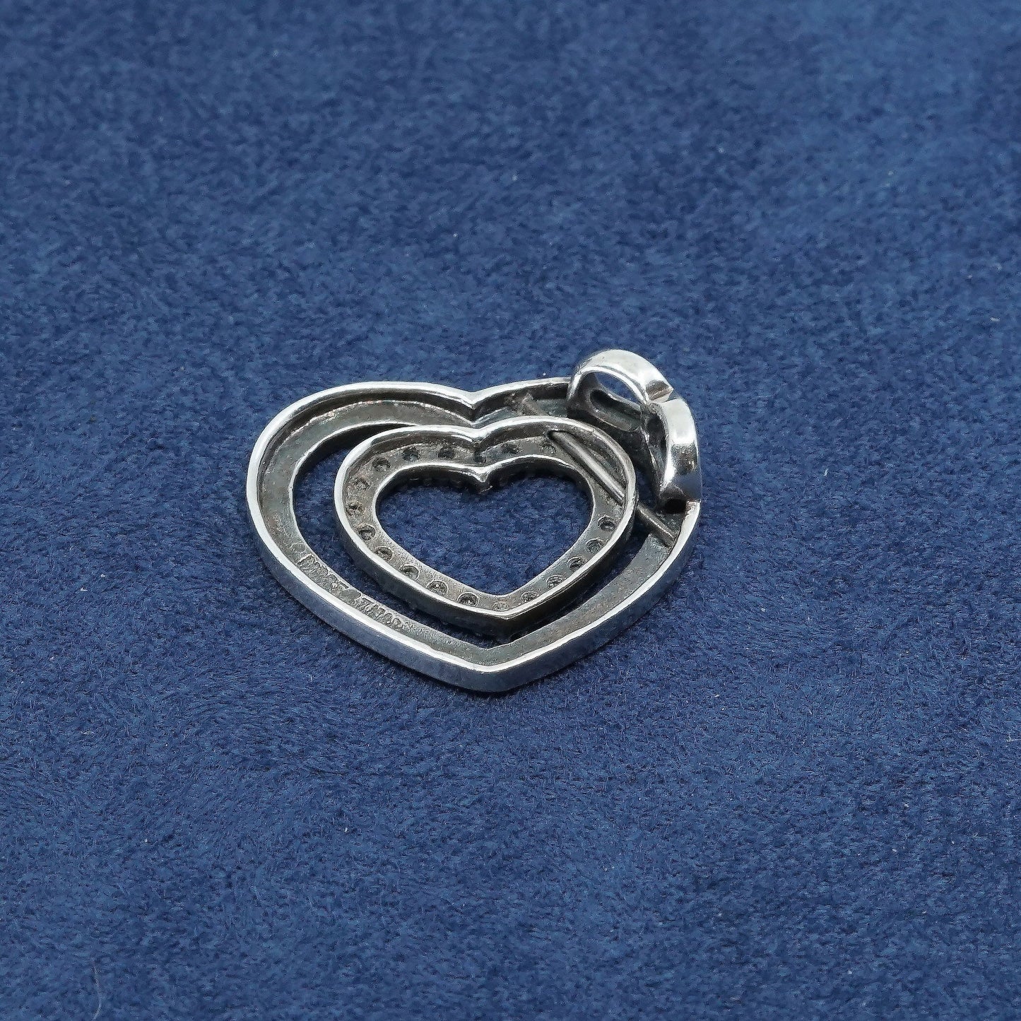 vtg Sterling silver handmade pendant, 925 double heart w/ marcasite N crystal