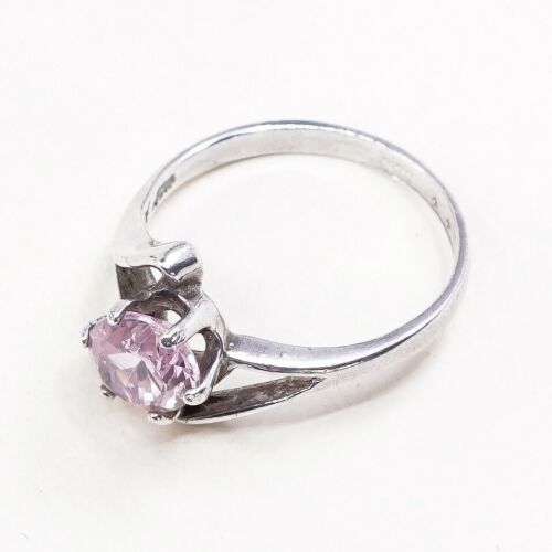 Sz 7.25, Sterling Silver Ring, 925 Silver Engagement Ring W/ pink Crystal