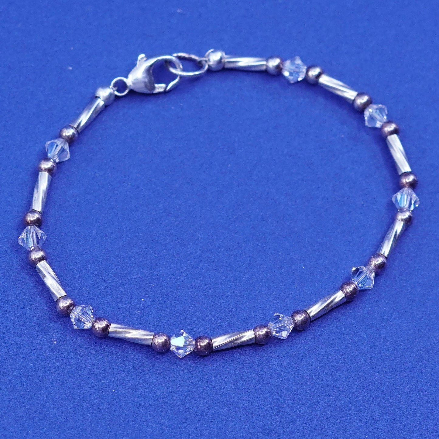 6.25”, Sterling silver handmade bracelet, 925 twisted bar w/ Swarovski crystal