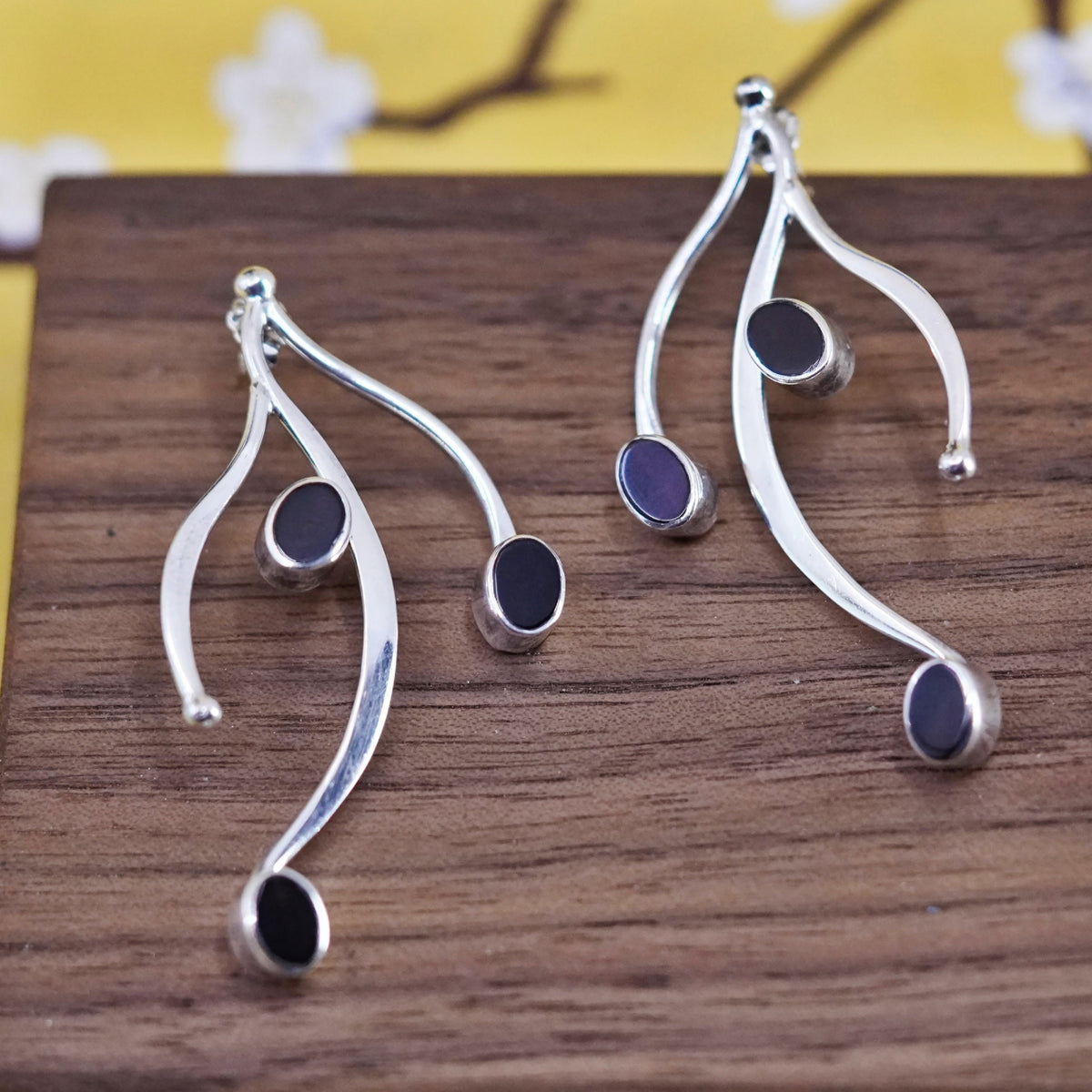 Vintage sterling silver handmade earrings, 925 wavy studs with obsidian