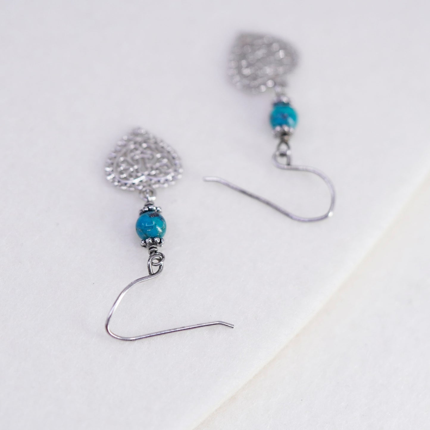 Vintage Sterling 925 silver handmade filigree heart earrings with turquoise