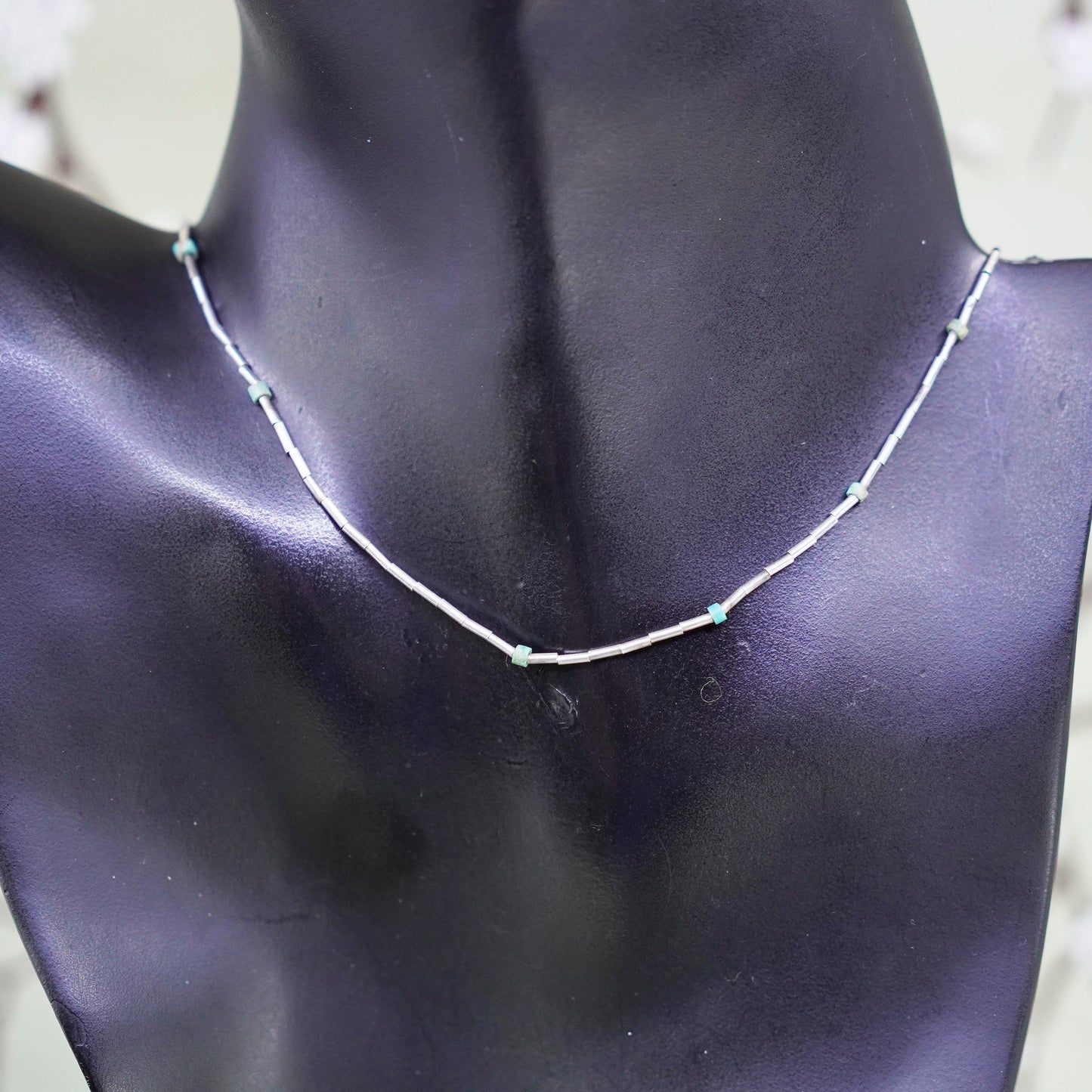 14”, Native American Navajo Sterling necklace 925 liquid silver chain turquoise