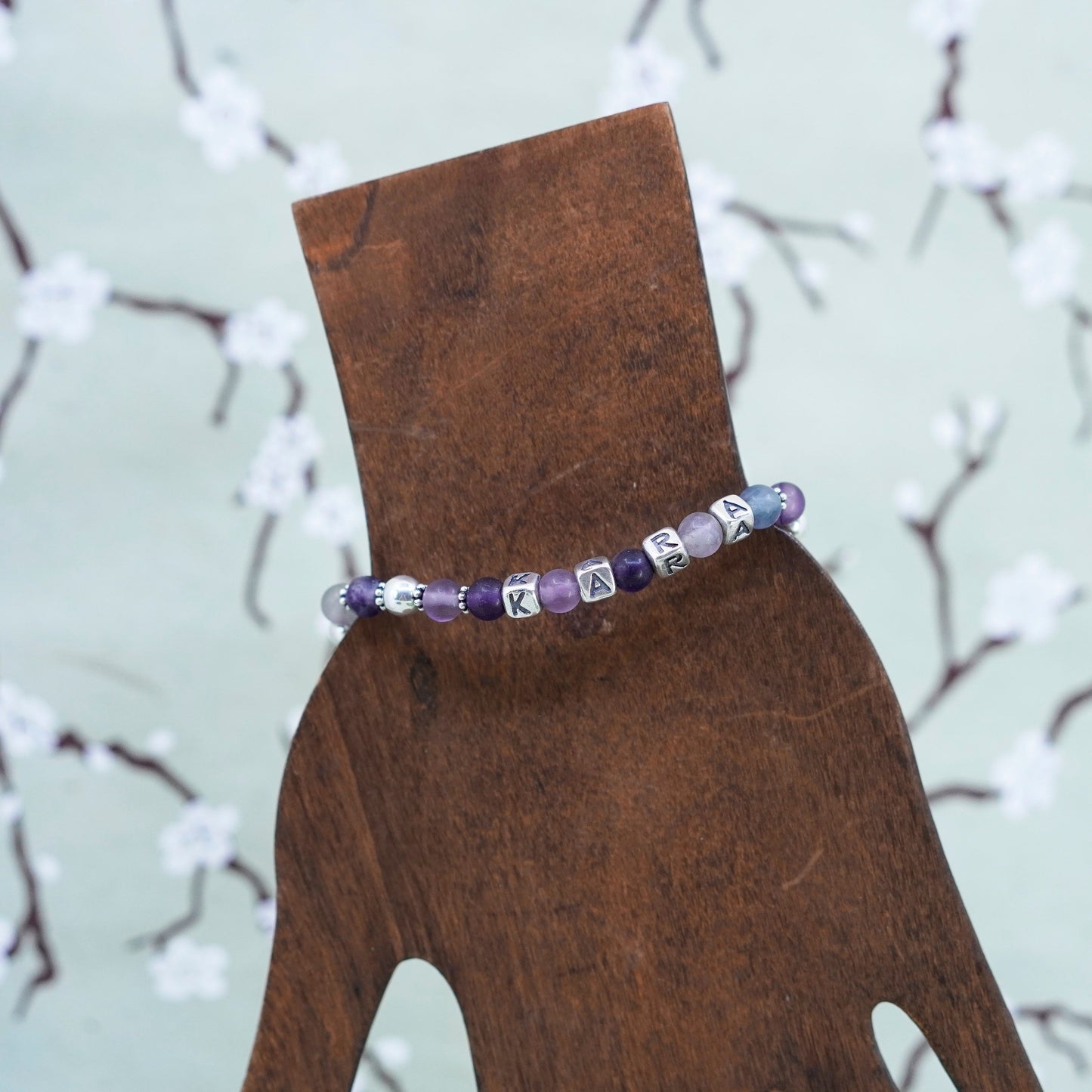 6.5”, handmade Bracelet amethyst beads and 925 sterling silver cube “Kara”