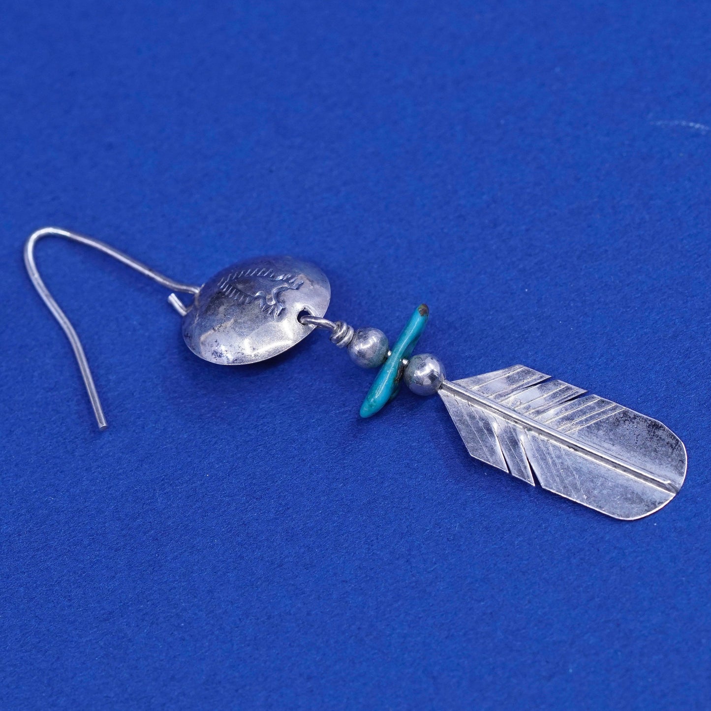 vtg LHTO sterling silver handmade earrings, 925 disc N feather w/ turquoise