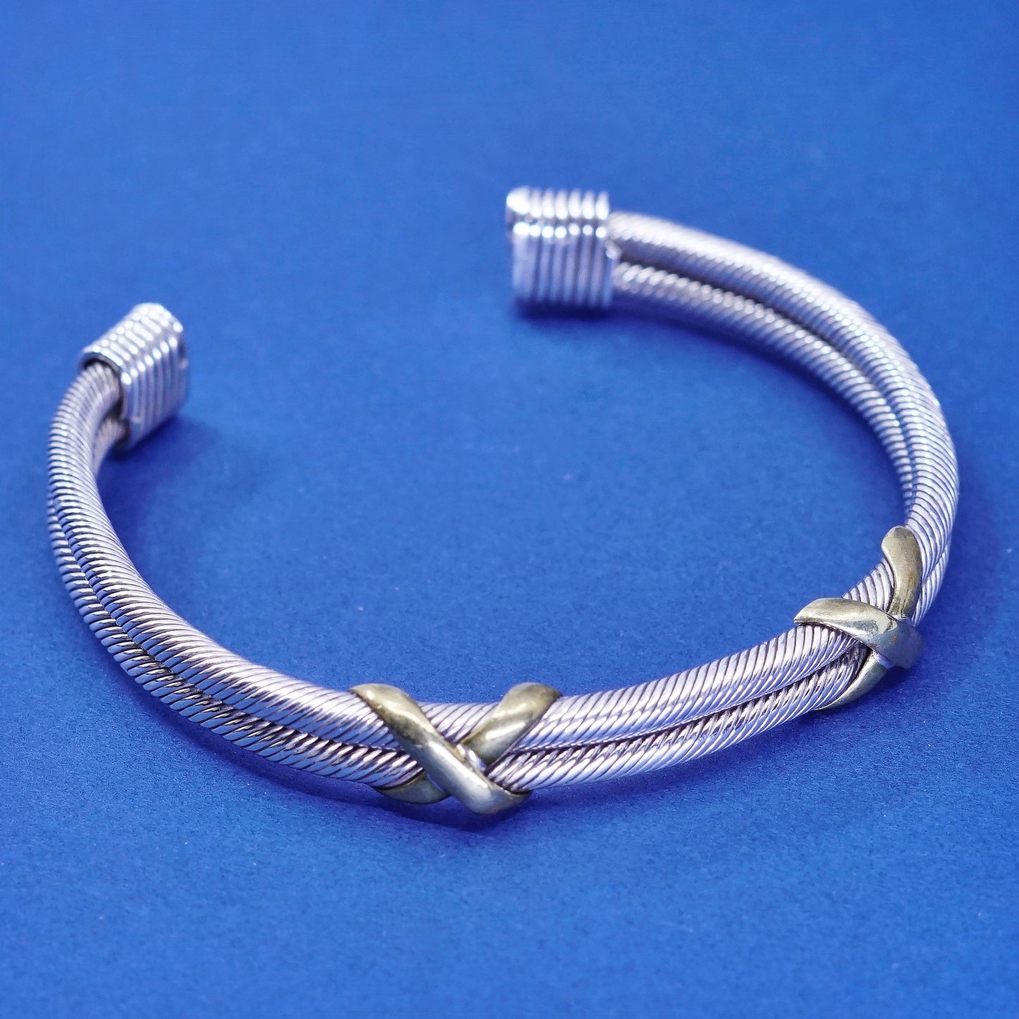 7”, sterling silver handmade bracelet, 925 twisted cable cuff with copper cross