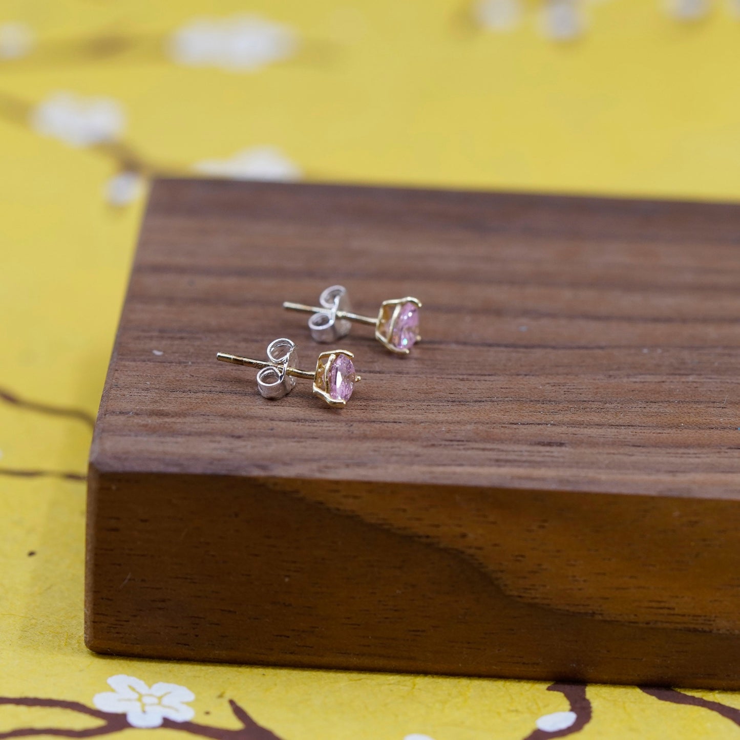 Vintage Sterling silver handmade earrings, 925 square studs with pink cz