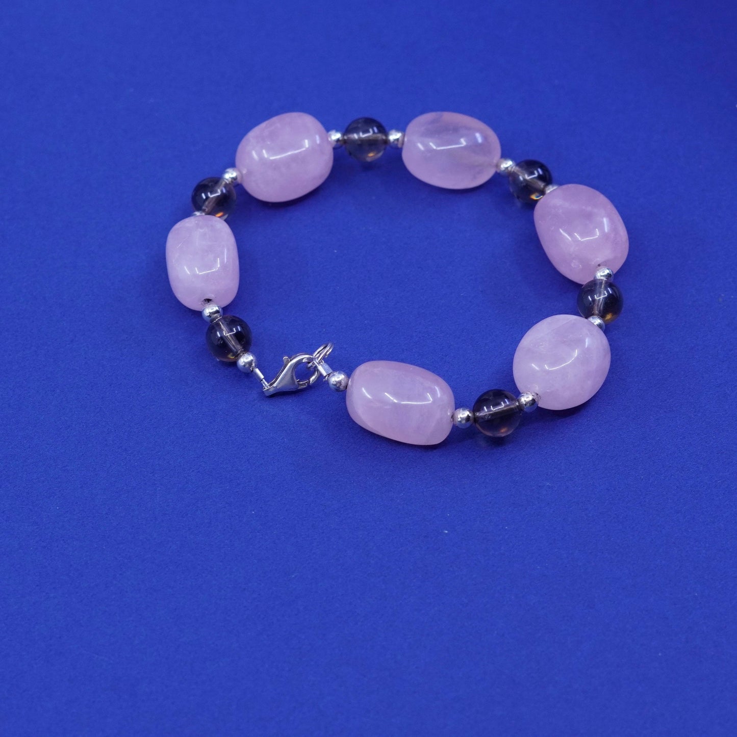 7.25”, sterling 925 silver handmade bracelet, nugget rose quartz with amethyst
