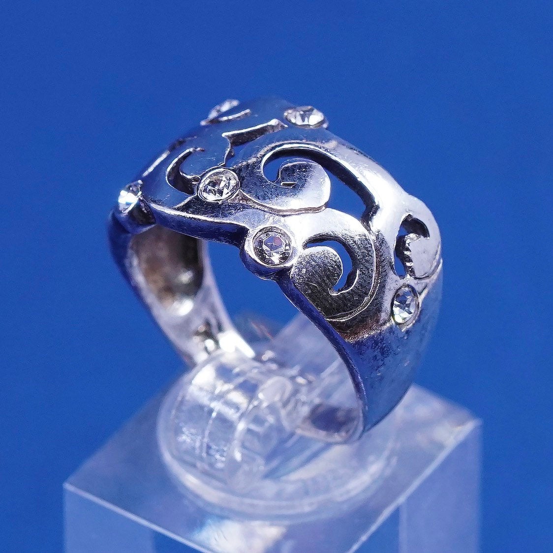 sz 7 vtg Sterling silver handmade ring, 925 swirl band w/ cz