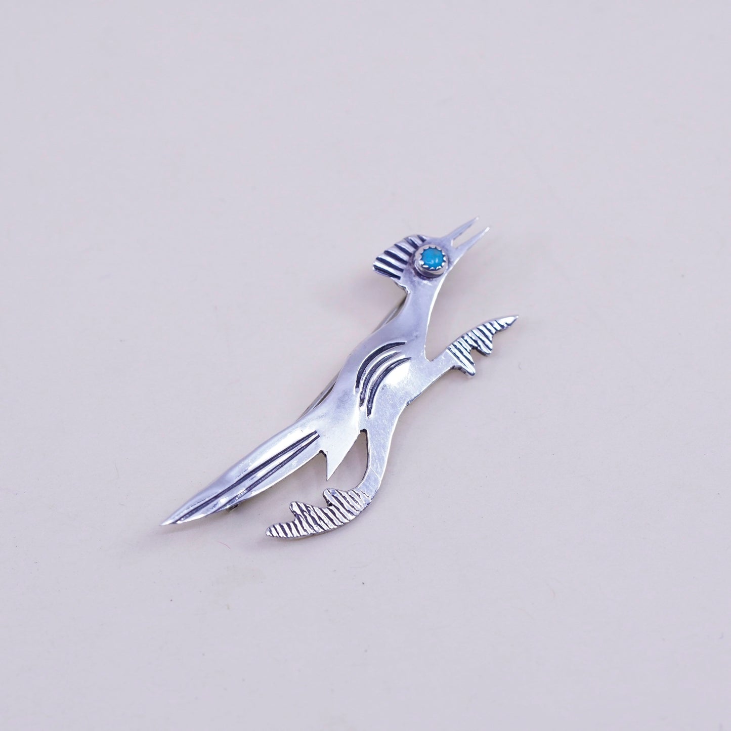 Navajo sterling silver handmade brooch, 925 roadrunner bird pin turquoise