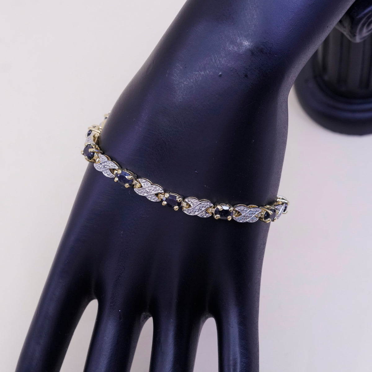 7”, Vermeil gold over sterling 925 silver tennis bracelet w/ sapphire N diamond