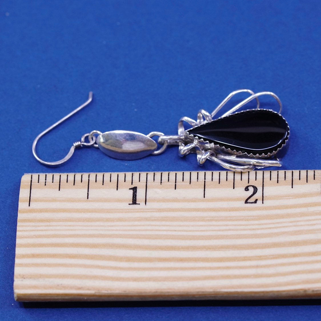Native american MA Navajo Earrings, Sterling Silver teardrop obsidian dangles
