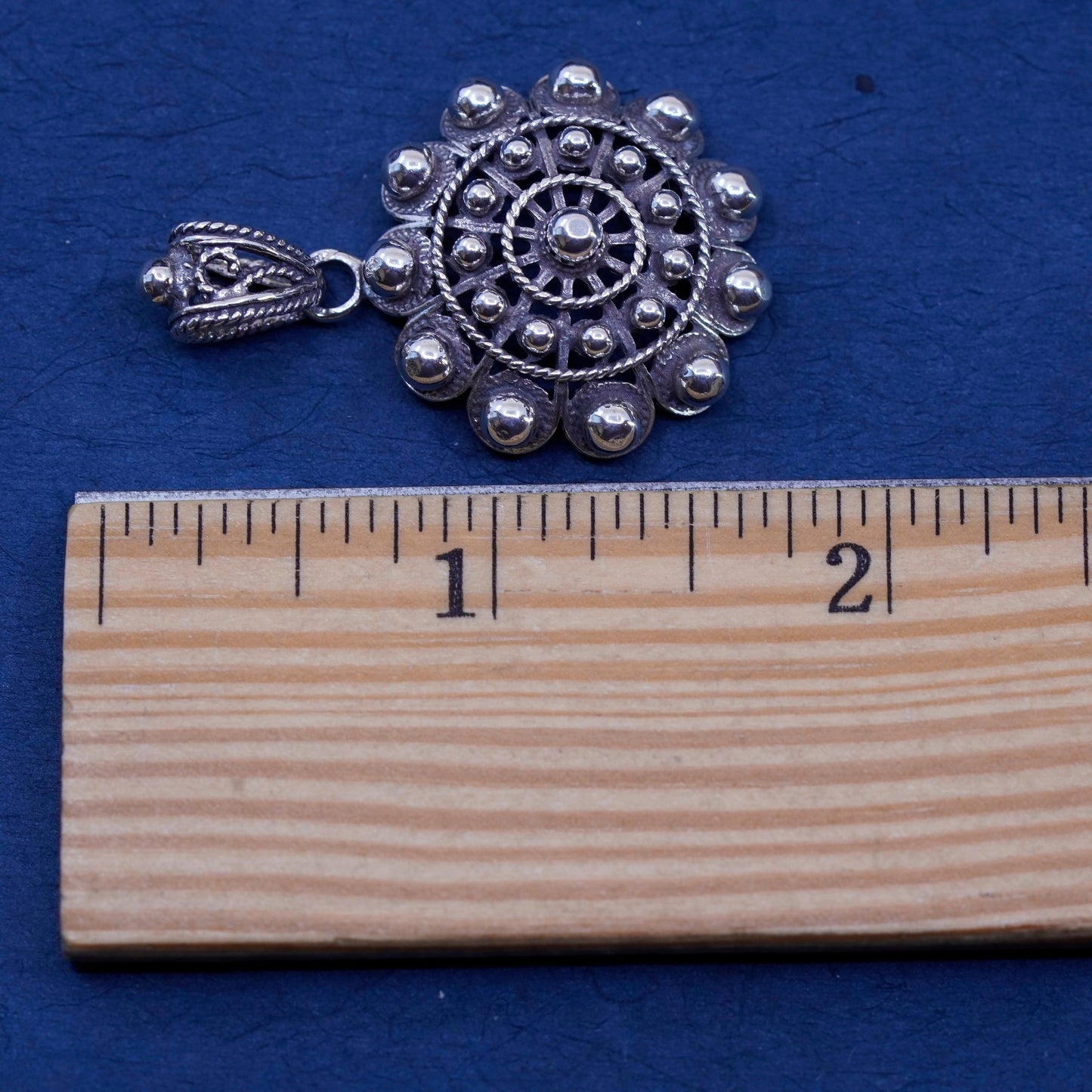 Vintage sterling silver handmade pendant, huge 925 flower pendant with beads