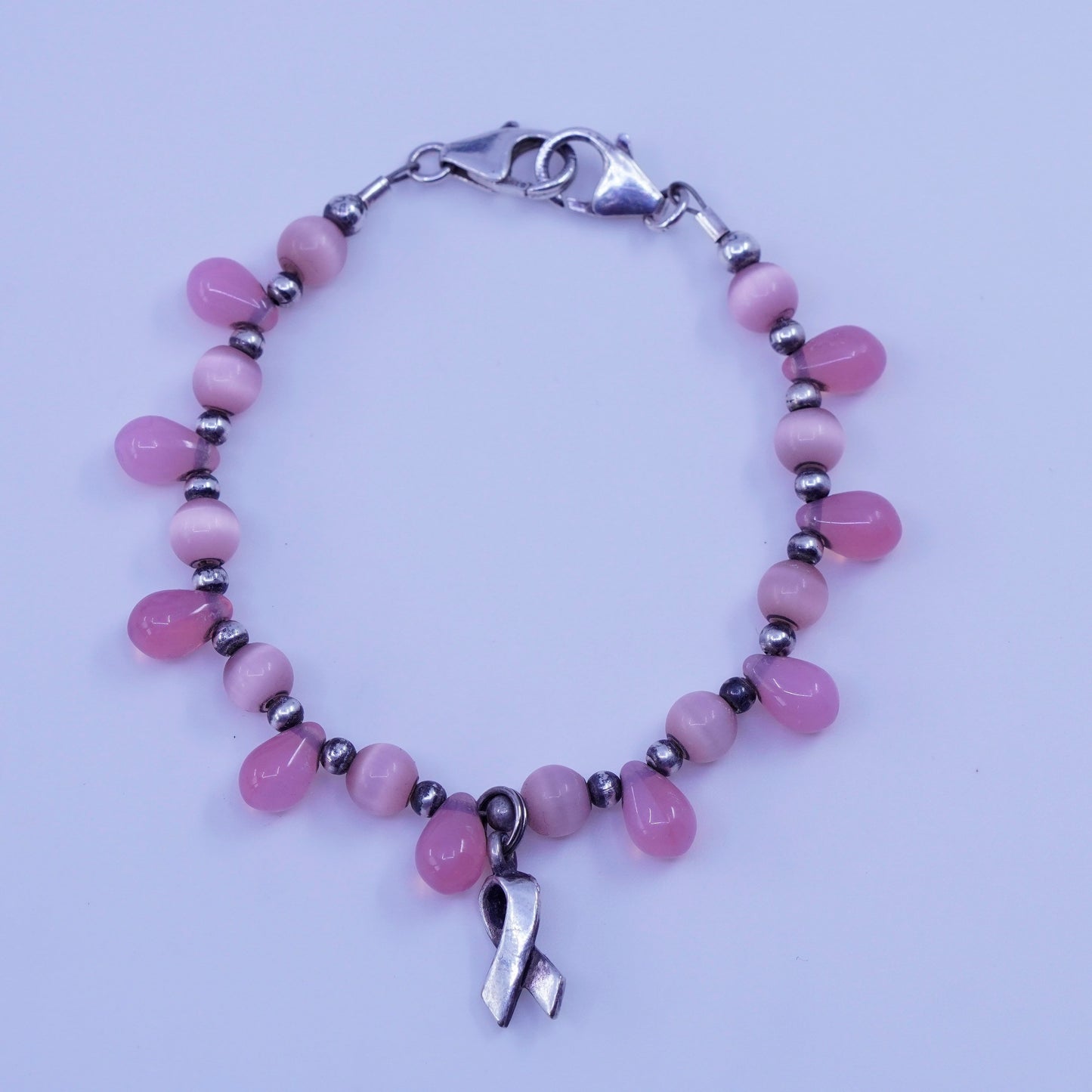 6.5”, Sterling 925 silver bracelet pink cats eye breast cancer ribbon bow tie