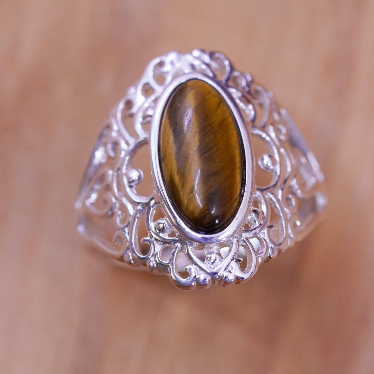 Size 9.25, vintage Sterling 925 silver handmade filigree ring golden tiger eye