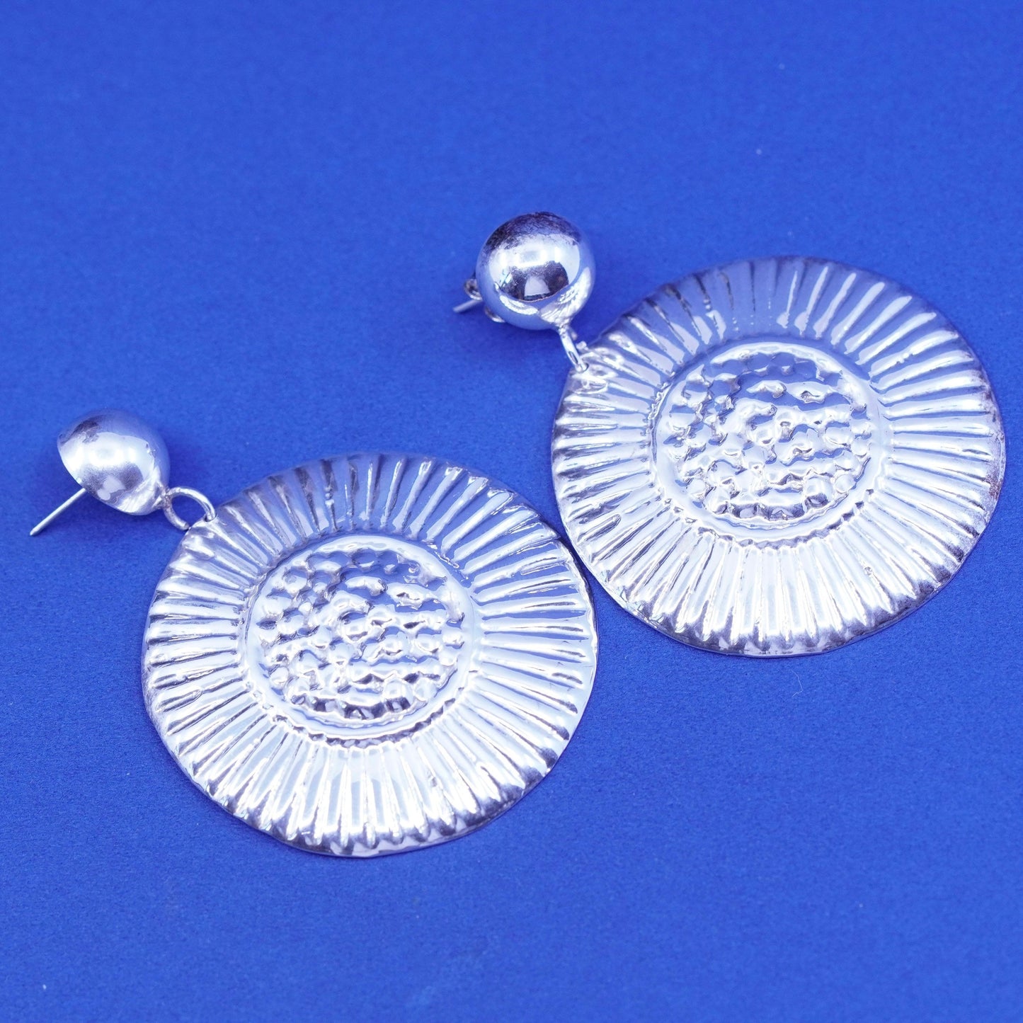 Vintage Sterling Silver handmade Earrings. Huge 925 ribbed circle disc
