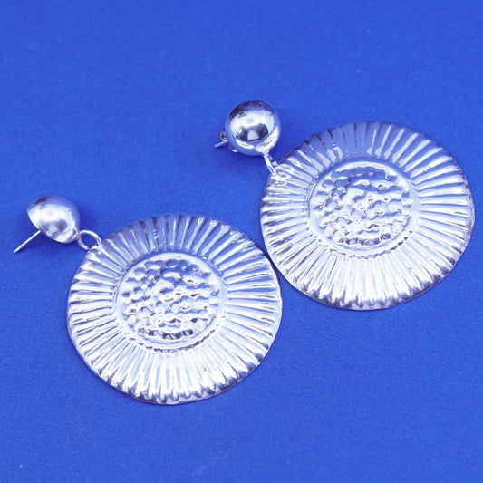 Vintage Sterling Silver handmade Earrings. Huge 925 ribbed circle disc