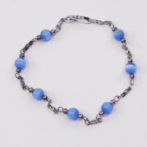 7.75”, Vtg Sterling 925 Silver Handmade Bead Bracelet, Blue Tiger’s Eye beads