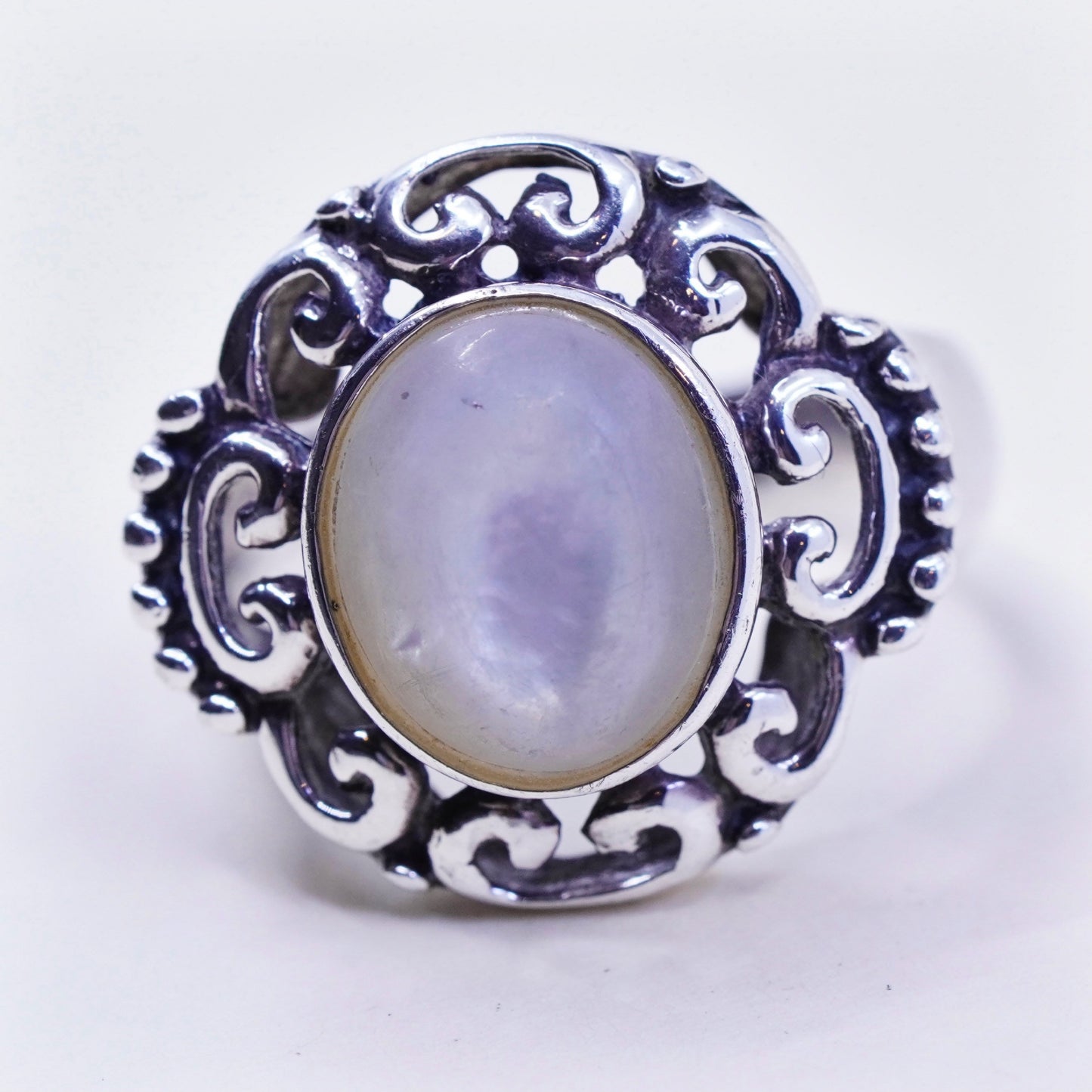 Size 8.25, vintage CFJ sterling 925 silver handmade filigree ring w/ moonstone