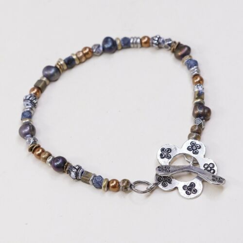 7”, Vtg Handmade Bead Bracelet, Gf Beads W/ Black Pearl W/ Flower Toggle Closure