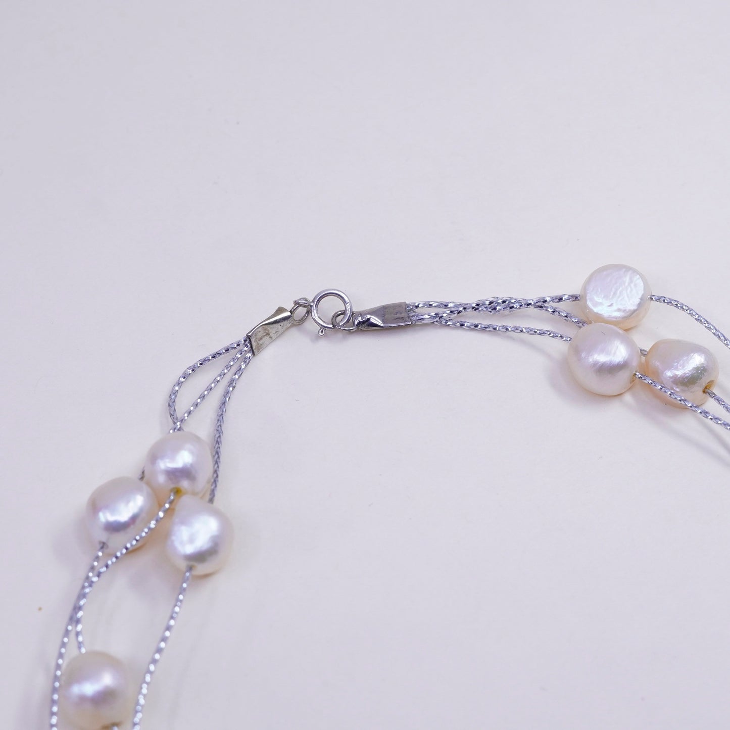 17”, Vintage handmade multi strands Sterling silver wheat chain pearl beads