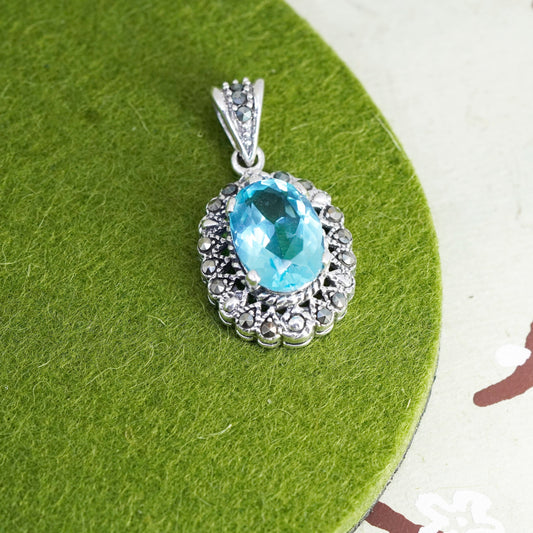 vintage sterling 925 silver handmade pendant with oval topaz and marcasite