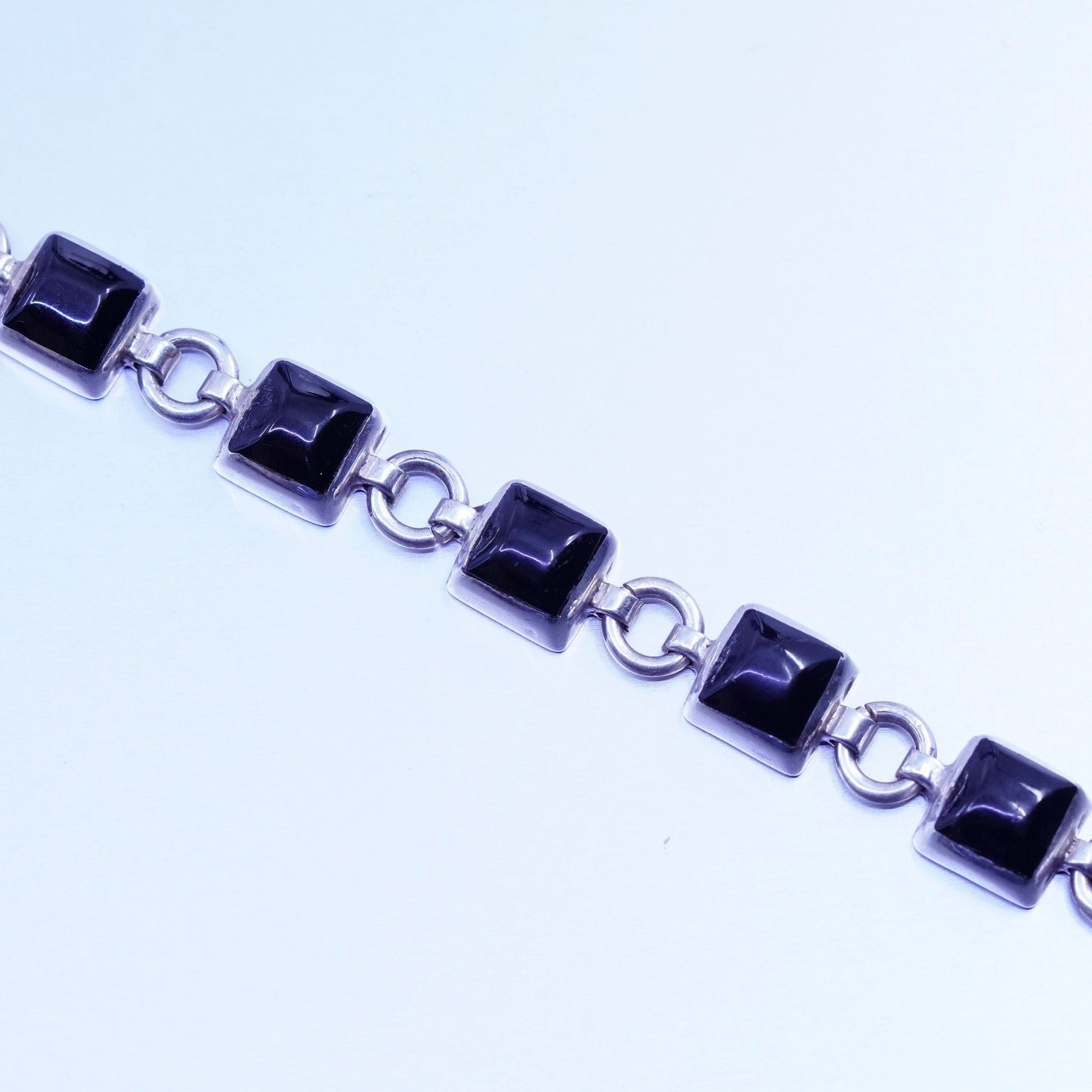 7.5”, vintage Sterling 925 silver handmade bold bracelet with obsidian beads