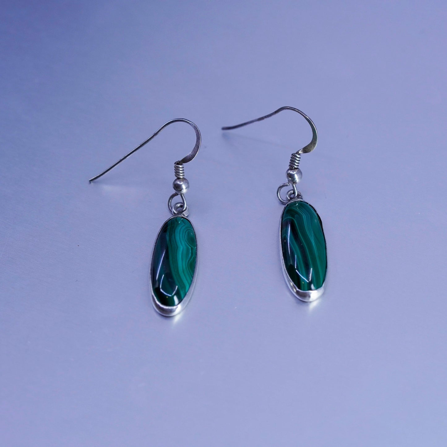 Vintage Mexico Sterling 925 silver handmade earrings with oval malachite