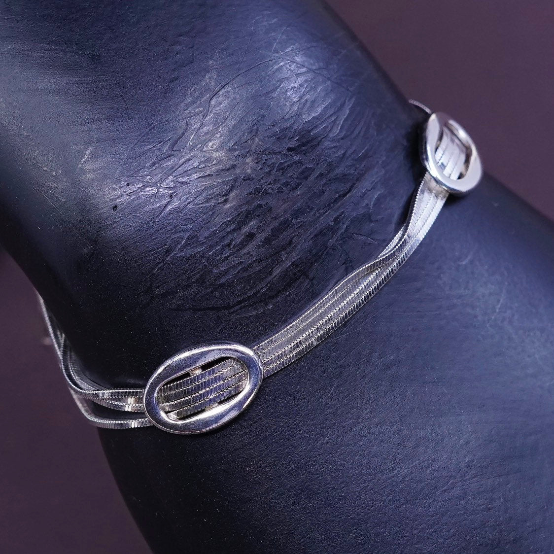 7.25", vtg Sterling silver handmade 4 strands snake bracelet w/ oval knot