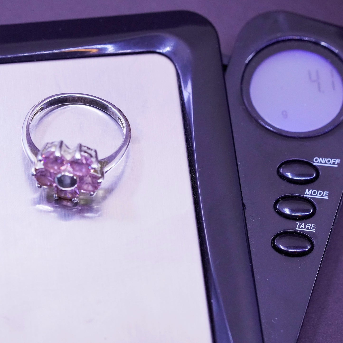 Size 8.25, vintage Sterling 925 silver handmade ring with pink cz flower