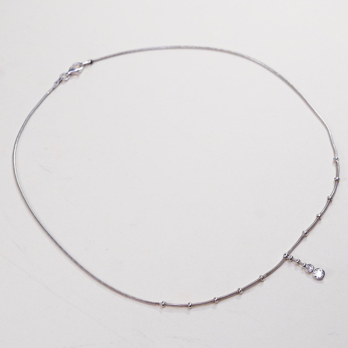 16", 1mm, vtg Sterling silver necklace, Italy 925 snake chain w/ Cz pendant