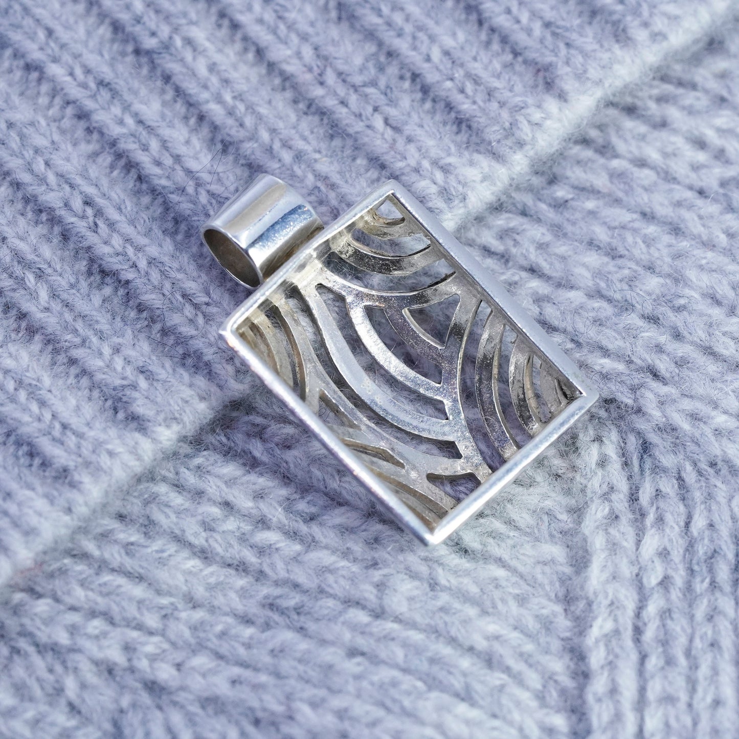Vintage modern sterling 925 silver handmade rectangular wavy pendant