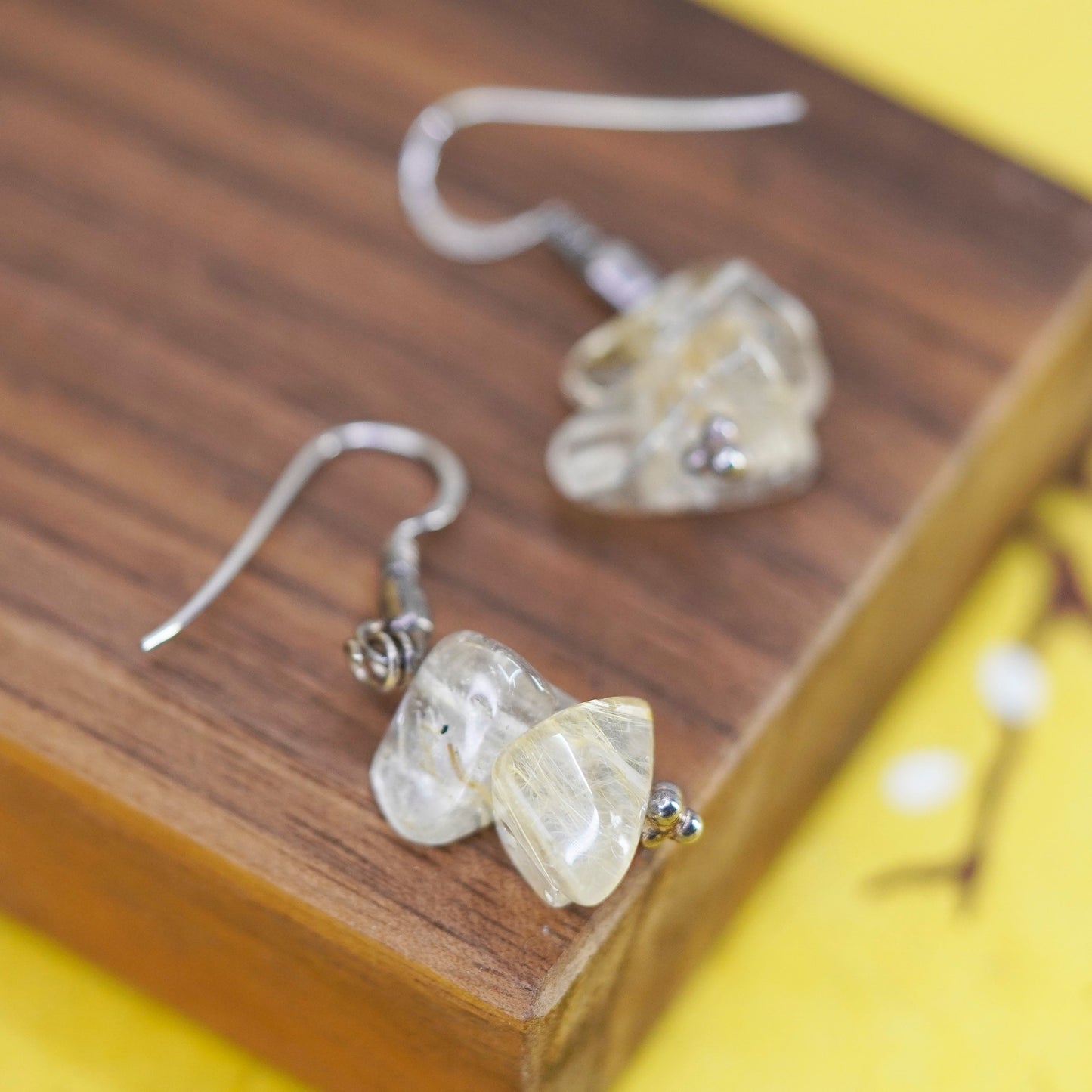 Vintage Sterling 925 silver handmade earrings with rutilated quartz nugget
