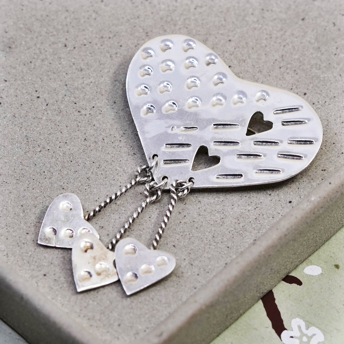 Vintage Mexico Sterling silver handmade brooch, 925 heart pin with dangles