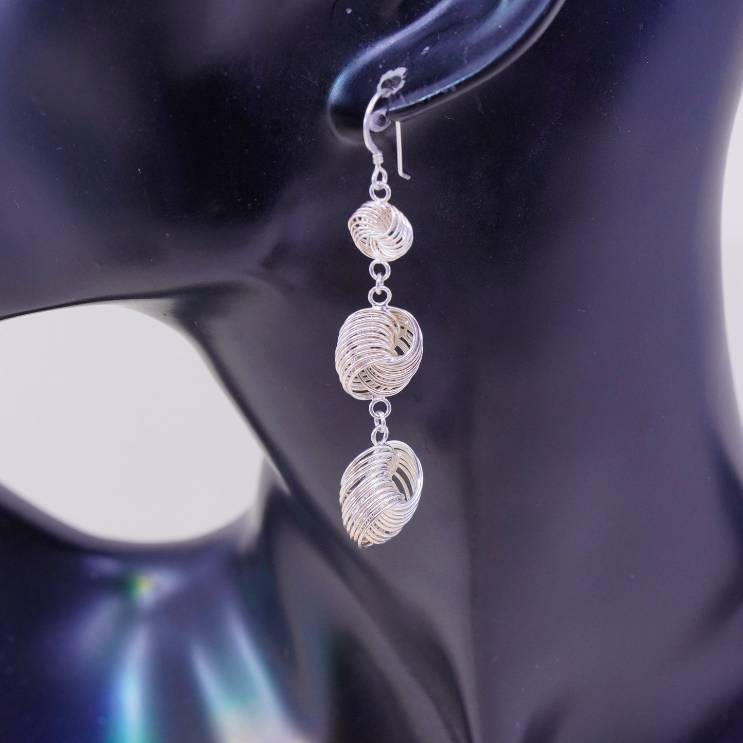 Vintage sterling silver handmade earrings, 925 twisted entwined circle dangles