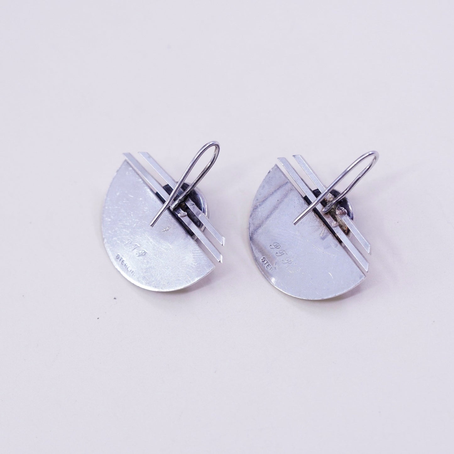 Vintage PJP gold filled sterling silver handmade drop earrings, modern 925 disc with black onyx, stamped sterling GF PJP