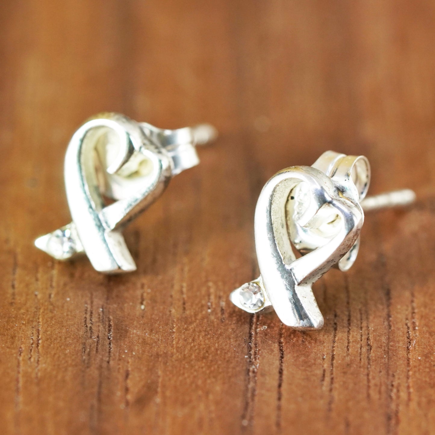 Vintage Sterling silver handmade earrings, 925 heart studs with cz