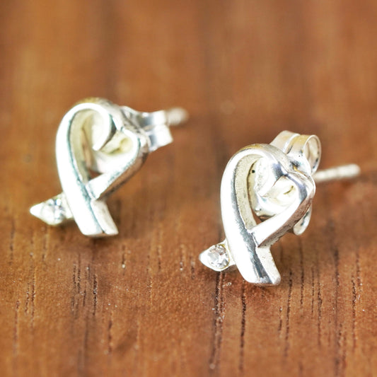 Vintage Sterling silver handmade earrings, 925 heart studs with cz