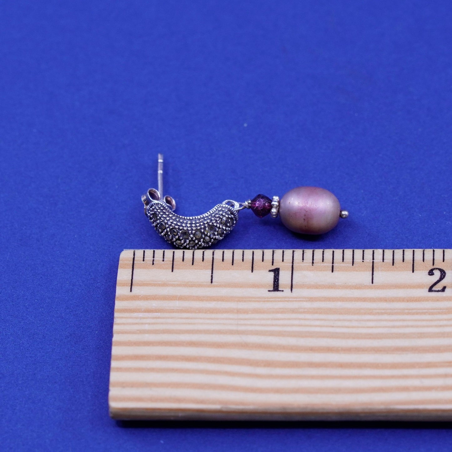 Vtg modern Sterling 925 silver handmade huggie hoop earrings teardrop pearl