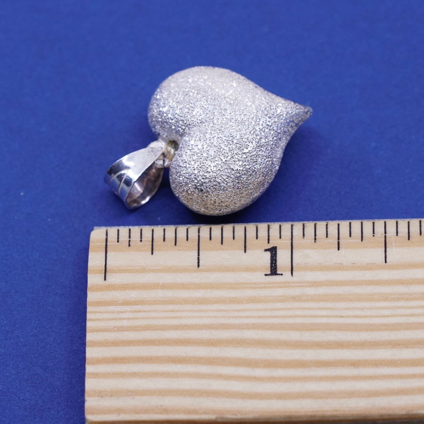 Vintage Sterling silver handmade pendant, glitter surface puffy 925 heart