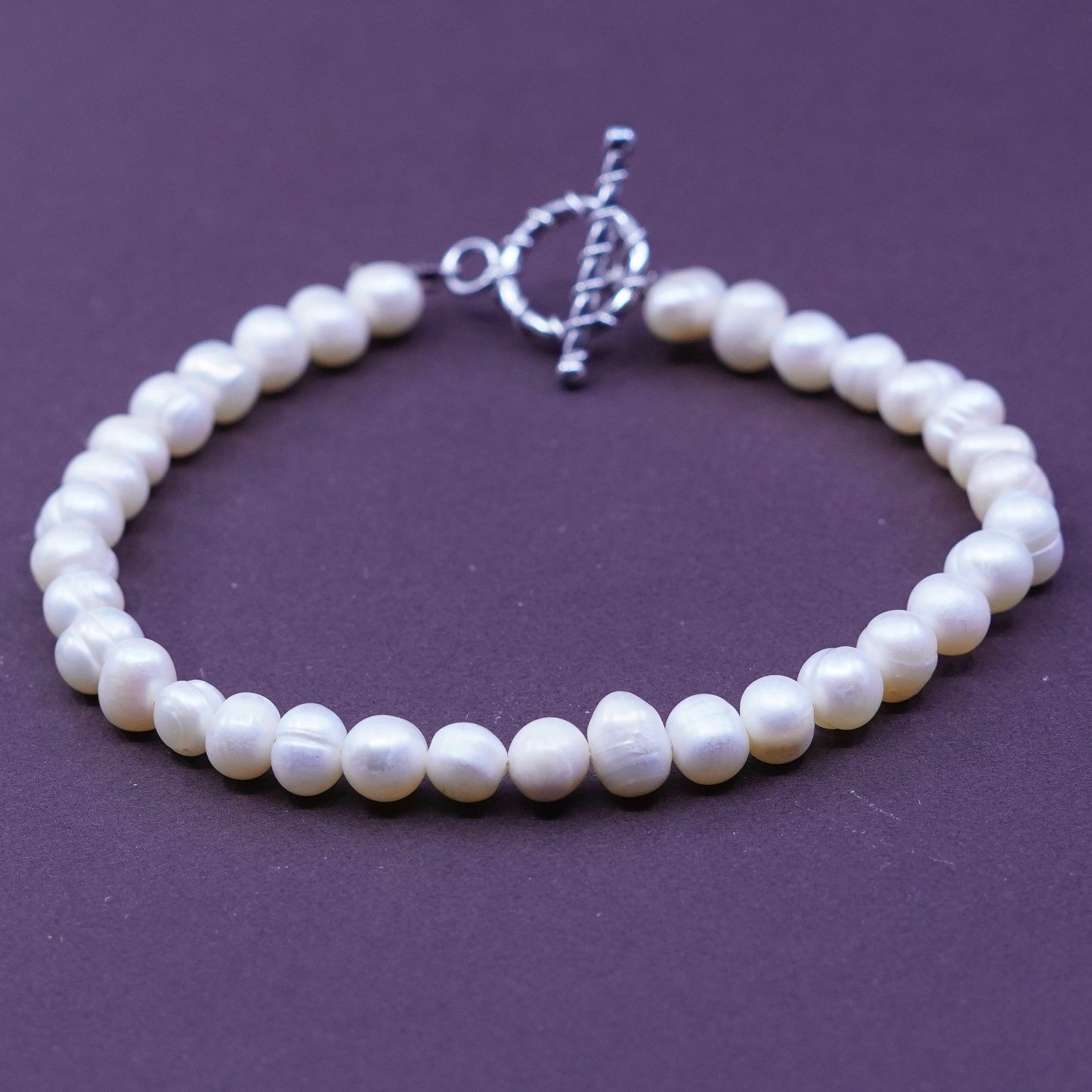 8.25” 4-5mm, Vintage handmade pearl bracelet with sterling 925 silver toggle