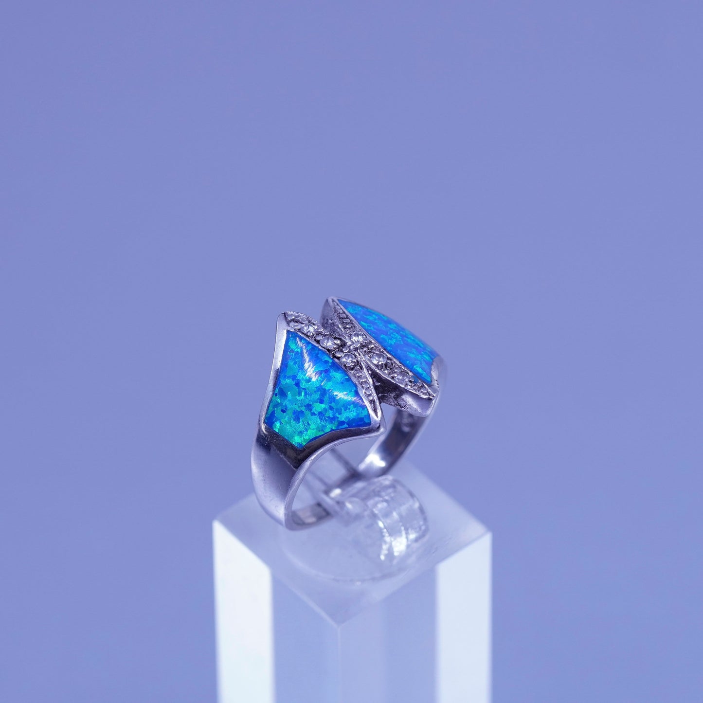 Size 9, vintage Sterling 925 silver handmade ring with opal and cz